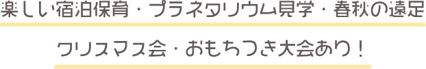 楽しい宿泊保育・プラネタリウム見学・春秋の遠足クリスマス会・おもちつき大会あり！