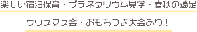 楽しい宿泊保育・プラネタリウム見学・春秋の遠足クリスマス会・おもちつき大会あり！